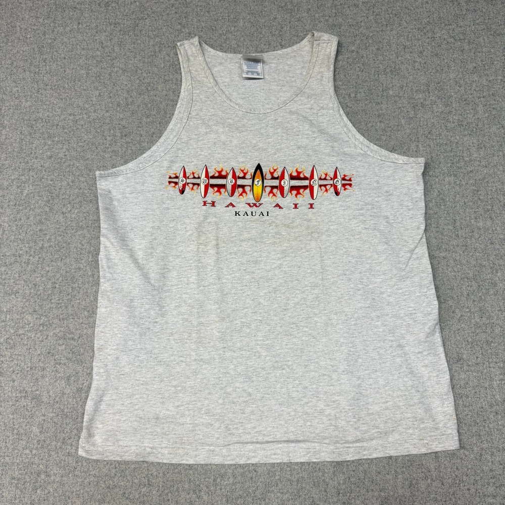Alstyle Apparel Tank Top XL Gray Hawaii Kauai Surfboard Flame Graphic Sleeveless